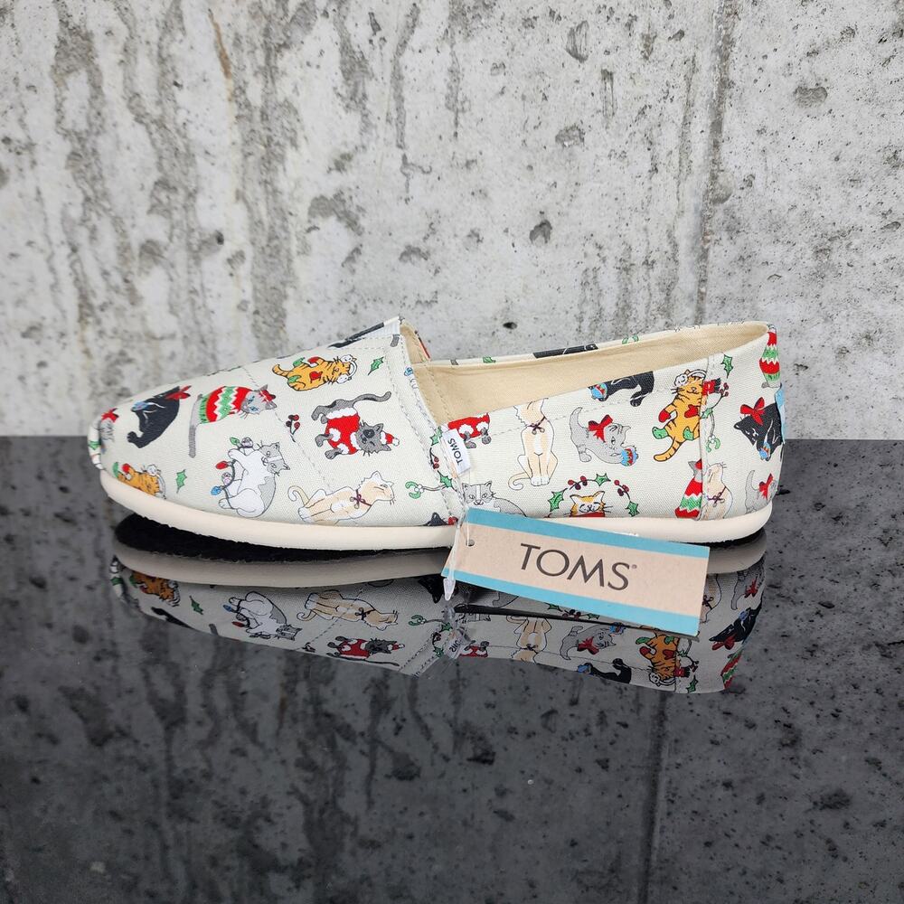 New TOMS Belmont Holiday Cats Women's Size 8 Christmas Flats Slip On Shoes